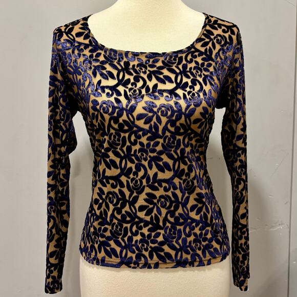 Y2K, 90s, Whimsigoth Faux-sheer Blue Velvet Long Sleeve Top scoop-neck, size L - Picture 2 of 6